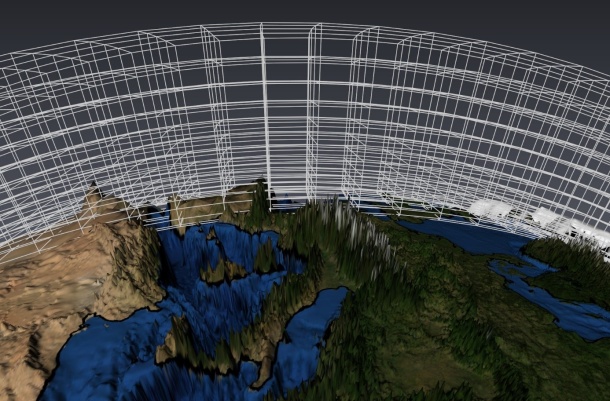 Schematische Darstellung eines dreidimensionalen Modellgitters für die Atmosphäre. Der Übersichtlichkeit wegen ist hier nur ein kleiner Ausschnitt des globalen Gitters dargestellt. (© Böttinger, DKRZ)