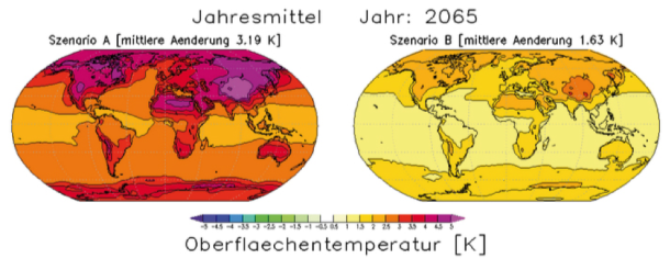 Vergleich der Änderung der Oberflächentemperatur 1951-2065 nach den beiden Szenarien RCP8.5 (links) und RCP2.6 (rechts)