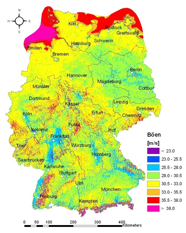 Abbildung 2: Maximale Böengeschwindigkeiten durch Winterstürme in Deutschland für eine Wiederkehrperiode von 5 Jahren (Wahrscheinlichkeit p = 0.2) mit einer Auflösung von 1 × 1 km² (Hofherr und Kunz, 2010; siehe www.cedim.de)