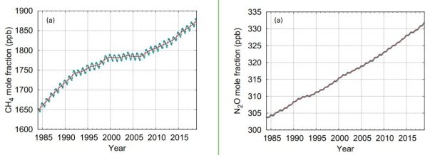 Abb. 5: Mittlerer globaler Anteil von Methan (CH4) und Lachgas (N2O) in ppb 1984-2018