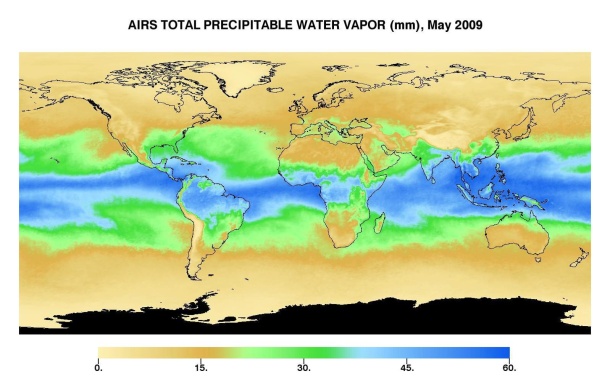 Abb.2: Wasserdampfgehalt in der Atmosphäre in mm Wasser, Mai 2009 (NASA Jet Propulsion Laboratory, 2009) 