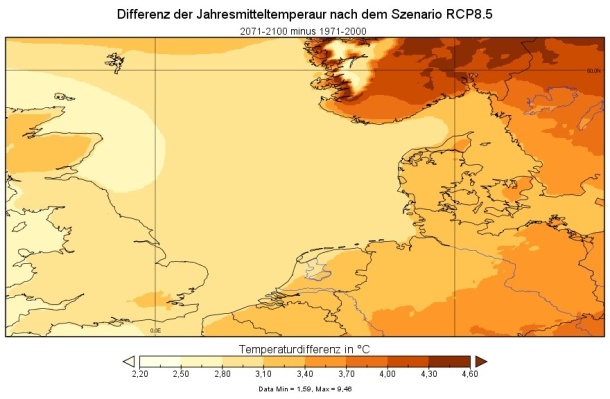 Änderung der Jahresmitteltemperatur über dem Nordseeraum 2071-2100 im Vergleich zu 1971-2000 nach dem Szenario RCP8.5 nach Berechnungen mit dem Regionalmodell KNMI-RACMO22E (Datenquelle: CORDEX EUR-11, Auflösung: 12x12 km)