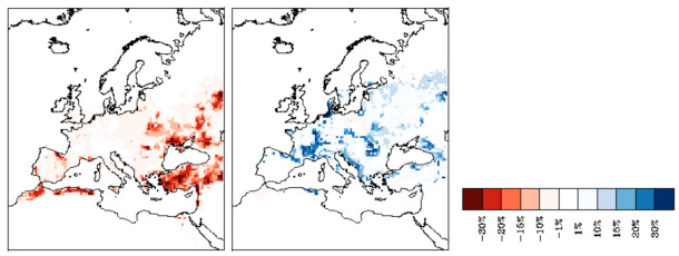 Abbildung 3: Änderungen des Anteils der Oberflächenbedeckung von landwirtschaftlich genutzter Fläche (links) und Wald (rechits) im Zeitraum 1995 gegenüber 1950; basierend auf den harmonisierten Landnutzungsszenarien 1500 bis 2100 von Hurtt et al. (2011)
