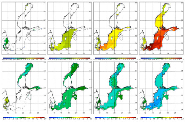 Abb. 10: Modellierte mittlere Änderung der Phytoplanktonkonzentration (in mg Chl m-3, oberer Reihe) und Sichttiefe (in m, untere Reihe) am Ende des Jahrhunderts (2069-2098), relativ zum heutigen Referenzzeitraums (1978-2007) (Ensemble-Mittelwerte). Von links nach rechts sind jeweils die Szenarien der Nährstoffeinleitungen gezeigt: HELCOM Baltic Sea Action Plan (BSAP, bestmögliche Reduzierung); Reduzierung nach aktuellen EU-Vorgaben (CLEG); heutige Bedingungen (REF); business-as-usual (BAU, erwartete Ausweitung der landwirtschaftlichen Produktion). Weiße Flächen: Änderungen nicht signifikant, Ensemblemittelwerte kleiner als Standardabweichung (Meier et al. 2012).