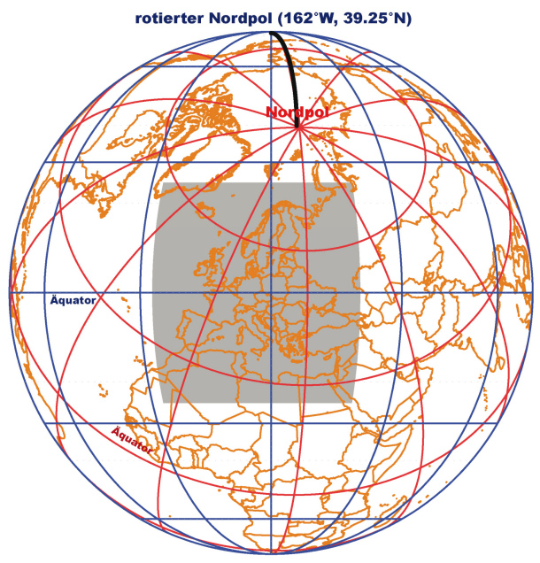 Abbildung 2: Rotiertes sphärisches Koordinatensystem (Göttel 2009)