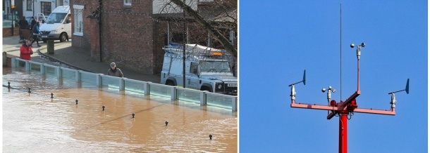 Bild 1: Exemplarische Hochwasserschutzmaßnahme @wikimedia/Bob Embleton Bild 2: Wetterstation @pixabay/Erich Westendarp