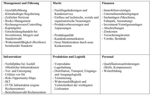 Tab. 1: Funktionsbereiche (fett) und Themenfelder des Unternehmensanalysetools
